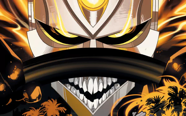 A dynamic HD wallpaper featuring All-New Ghost Rider, Robbie Reyes, showcasing his fiery transformation and menacing grin against a dark, vibrant background.