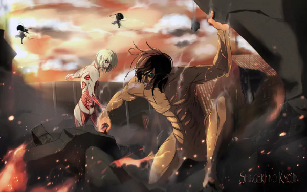 HD desktop wallpaper featuring Annie Leonhart and Eren Yeager in their Titan forms from the anime Attack on Titan, set against a dramatic, battle-scarred landscape at sunset.