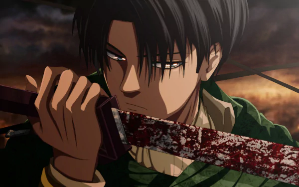 HD desktop wallpaper featuring Levi Ackerman from Attack on Titan, holding a bloodied sword against a dramatic, stormy background.