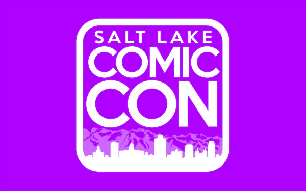 Salt Lake Comic Con logo in white on a vibrant purple background, designed as a 4K Ultra HD PC desktop wallpaper featuring a city skyline and mountain outline.