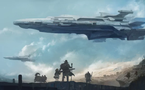 HD desktop wallpaper featuring a sci-fi scene with soldiers observing massive spaceships flying under a cloudy sky.