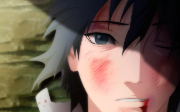 A close-up of Sasuke Uchiha, a character from the anime Naruto, showcasing intense emotion with bruised cheeks and a shadowed background, designed as a high-definition desktop wallpaper.