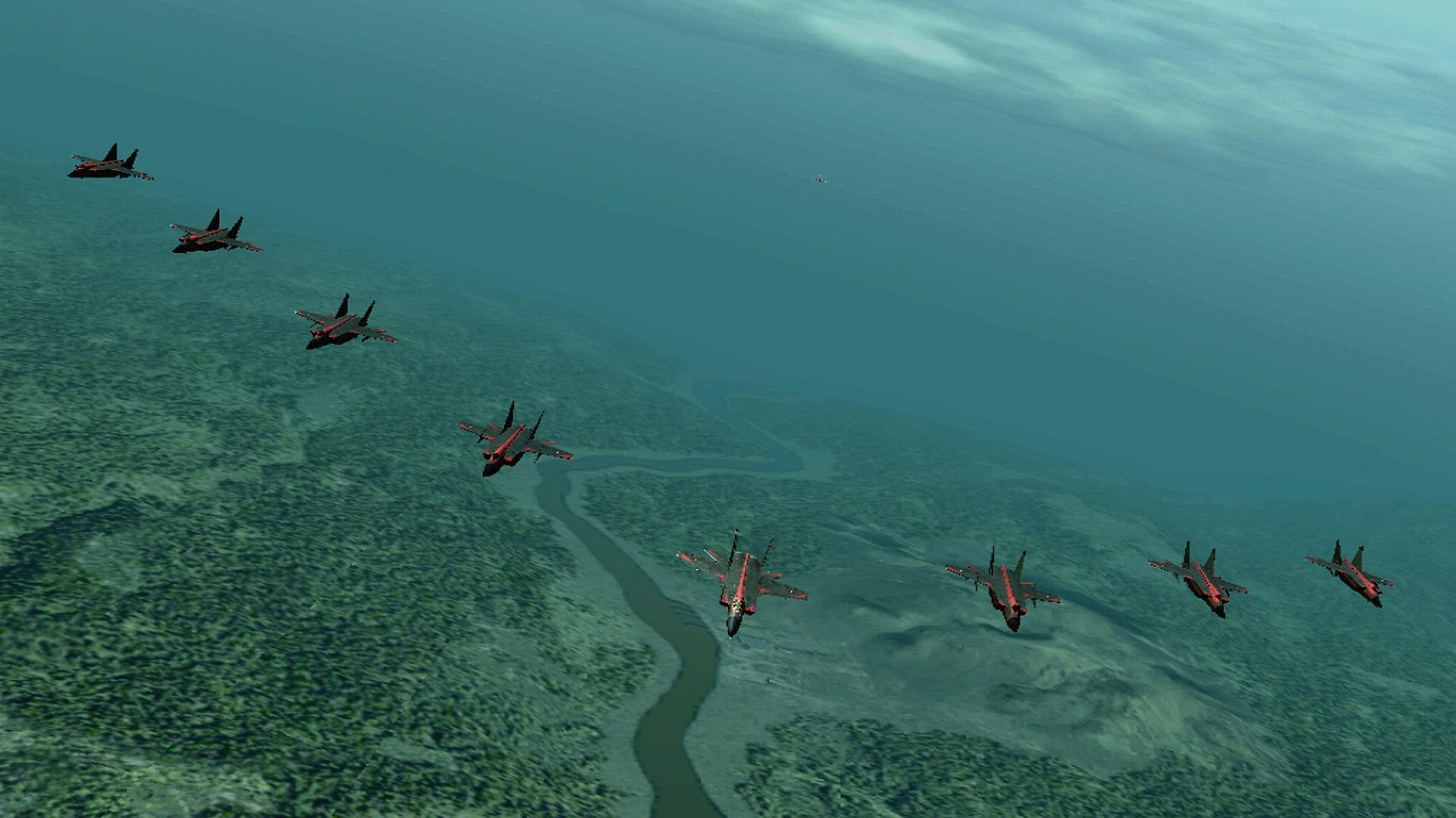 HD PC desktop wallpaper featuring a formation of fighter jets flying over a river valley from the video game Ace Combat Zero: The Belkan War.