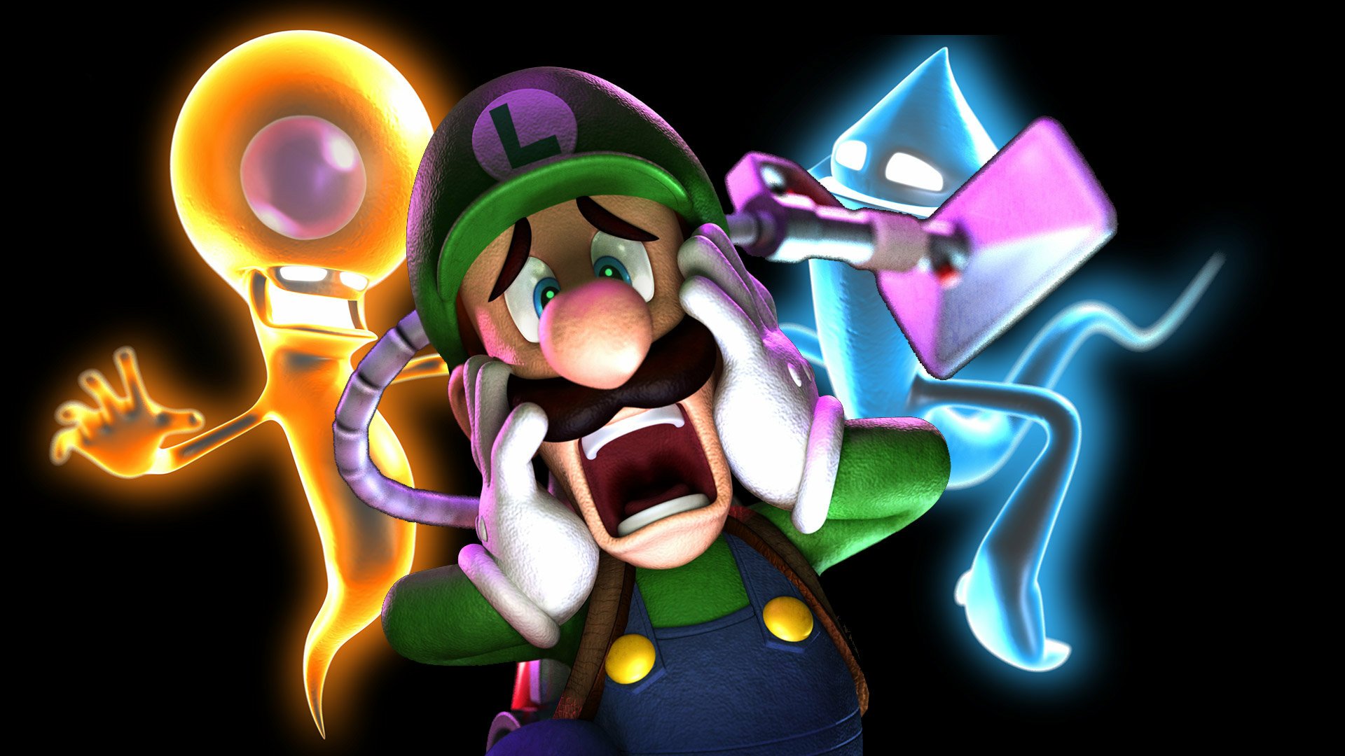 Luigi, in his signature green overalls, reacts in fear amidst colorful ghosts from Nintendo's Luigi's Mansion. This HD wallpaper captures the playful spirit of the video game.