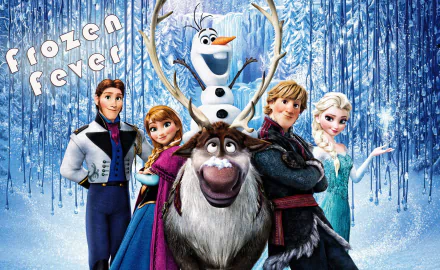 A vibrant HD wallpaper featuring characters from Frozen Fever, including Elsa, Anna, Kristoff, Sven, and Olaf, set against a sparkling icy backdrop.