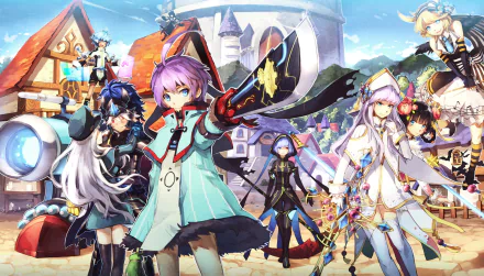 A vivid fantasy scene featuring a mage and warriors with colorful outfits against a bright sky and a castle, designed as an HD PC desktop wallpaper.