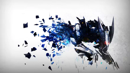 HD PC desktop wallpaper of Blade Wolf, a video game character from Metal Gear Rising: Revengeance — a fragmented mechanical wolf in blue-black shards with a glowing red eye on white background.