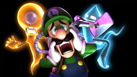 Luigi, in his signature green overalls, reacts in fear amidst colorful ghosts from Nintendo's Luigi's Mansion. This HD wallpaper captures the playful spirit of the video game.