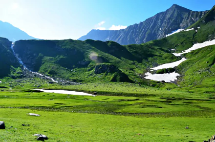 A breathtaking landscape of lush green grass and snow-capped mountains in Pakistan, showcasing the beauty of nature and serenity in this vibrant 4K Ultra HD wallpaper.