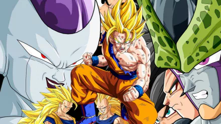 HD Dragon Ball Z wallpaper featuring dynamic poses of Super Saiyan characters ready for battle.