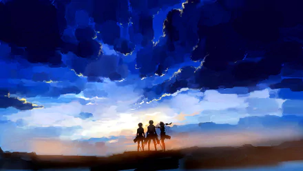 HD desktop wallpaper featuring anime characters Armin Arlert, Eren Yeager, and Mikasa Ackerman from Attack on Titan, standing against a dramatic, colorful sky at dawn or dusk.