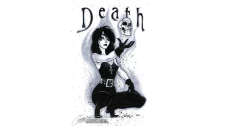 HD PC desktop wallpaper of The Sandman comic: Death — a gothic woman in black kneeling, holding a skull as the Death title looms above, monochrome ink-style artwork.