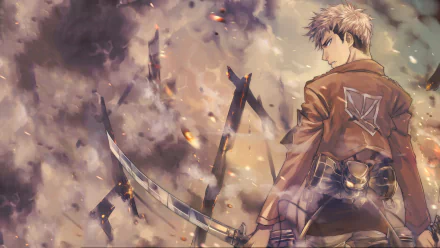 HD desktop wallpaper of Jean Kirstein from Attack on Titan anime, featuring him in Survey Corps uniform, holding swords amidst a smoky, battle-damaged background.