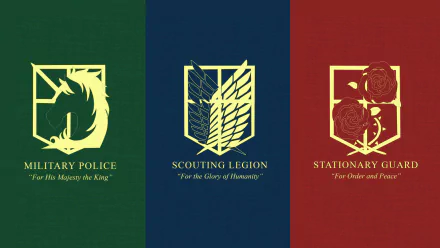 HD desktop wallpaper featuring the emblems of the Military Police Brigade, the Scouting Legion, and the Stationary Guard from the anime Attack on Titan.