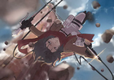 Mikasa Ackerman from Attack on Titan in dynamic action, suspended mid-air with gear, against a dramatic sky and swirling debris. HD desktop wallpaper for anime fans.