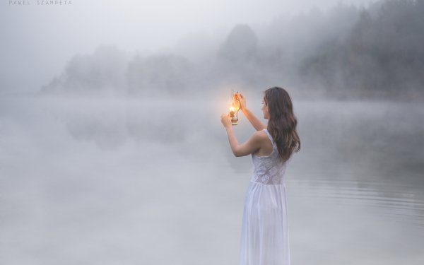 Women Mood Fog Dress Brunette Lake Lantern HD Wallpaper | Background Image