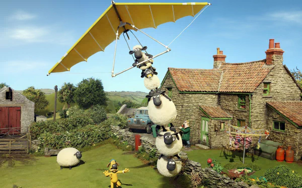 Shaun the Sheep Movie HD PC desktop wallpaper and background: Shaun and the flock stack into a tower to launch a yellow hang-glider above a rustic cottage and green countryside.