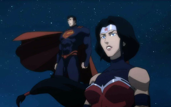 HD PC desktop wallpaper featuring Wonder Woman and Superman from the movie Justice League: Throne of Atlantis against a starry night sky.