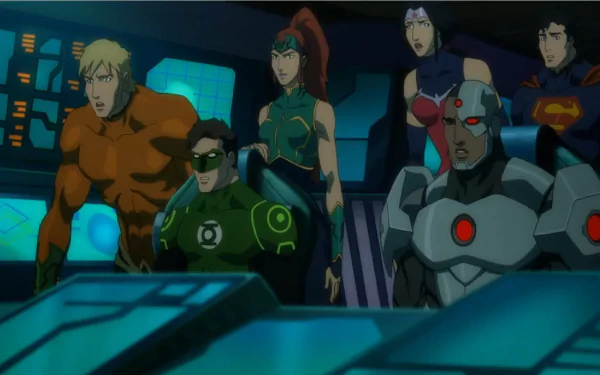 HD PC desktop wallpaper from the movie Justice League: Throne of Atlantis — Aquaman and Mera alongside Wonder Woman, Cyborg, Hal Jordan’s Green Lantern and Superman at a control console.