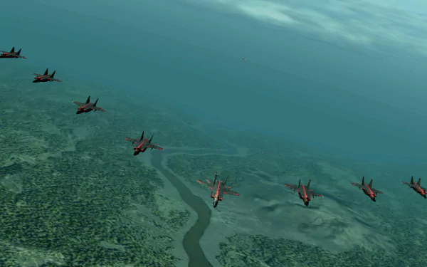 HD PC desktop wallpaper featuring a formation of fighter jets flying over a river valley from the video game Ace Combat Zero: The Belkan War.