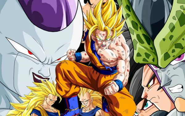 HD Dragon Ball Z wallpaper featuring dynamic poses of Super Saiyan characters ready for battle.