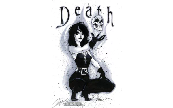 HD PC desktop wallpaper of The Sandman comic: Death — a gothic woman in black kneeling, holding a skull as the Death title looms above, monochrome ink-style artwork.