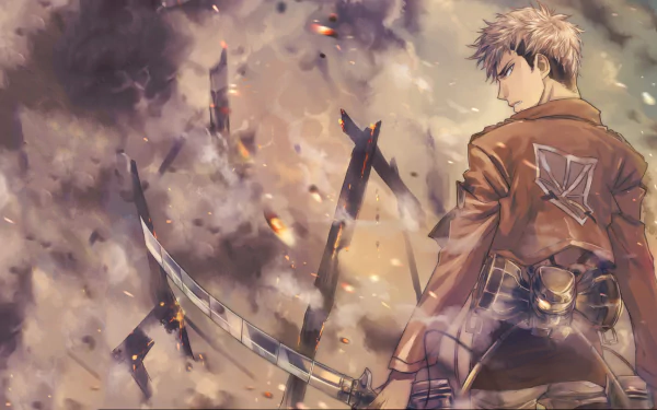 HD desktop wallpaper of Jean Kirstein from Attack on Titan anime, featuring him in Survey Corps uniform, holding swords amidst a smoky, battle-damaged background.