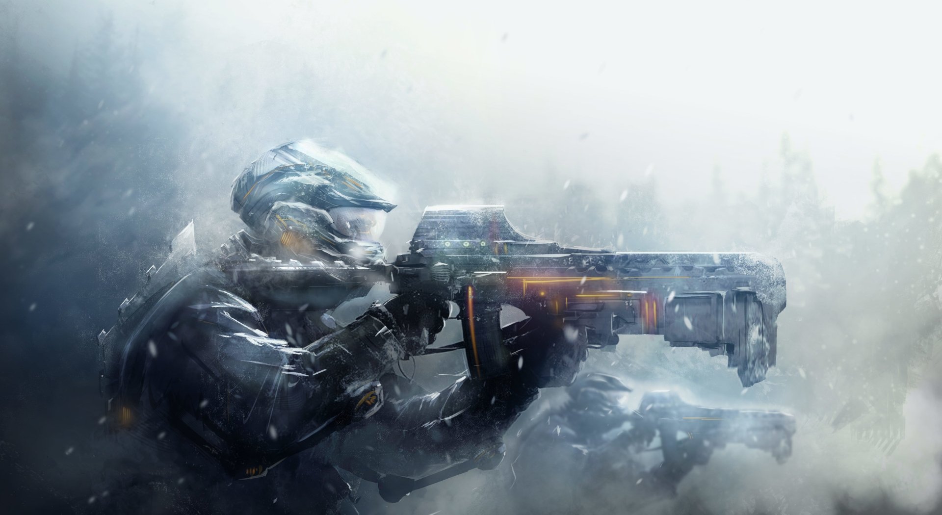 HD wallpaper featuring a sci-fi warrior with futuristic armor and a glowing weapon in a misty battlefield setting.
