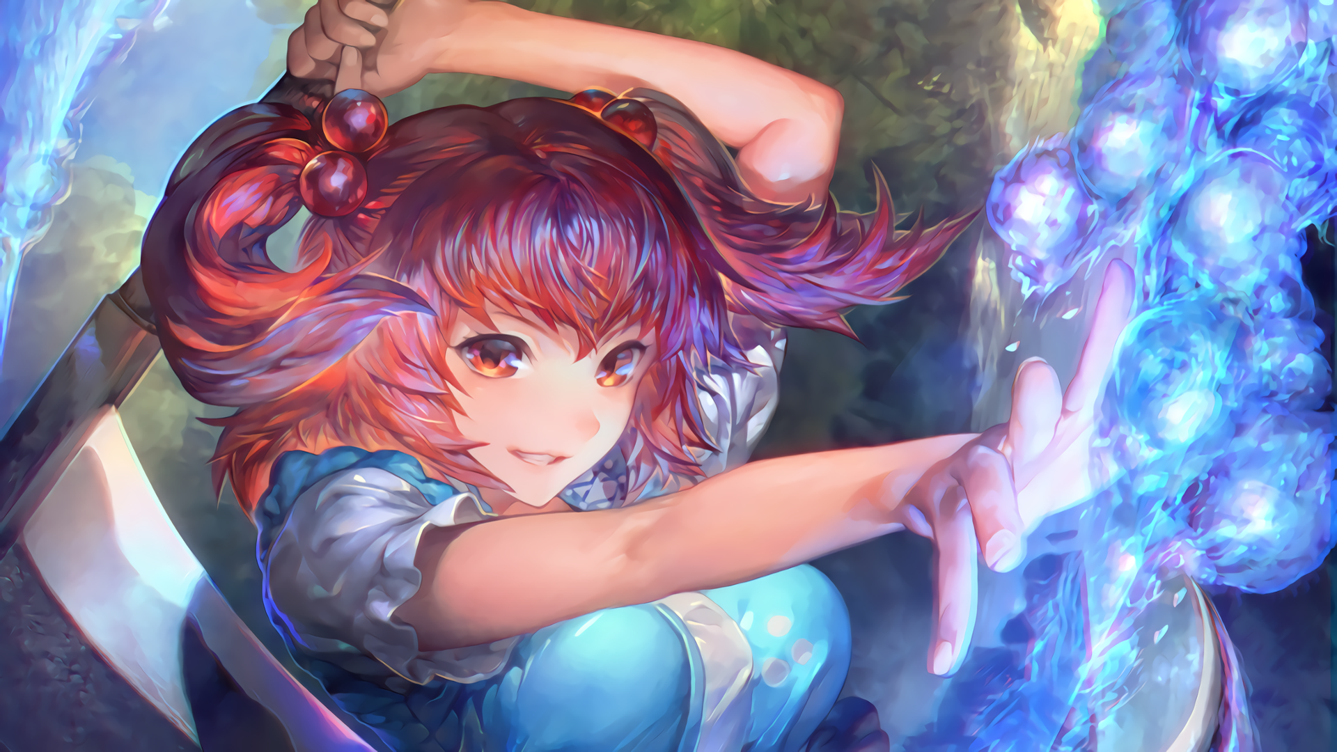 HD desktop wallpaper featuring Komachi Onozuka from Touhou, with vivid pink hair, animated in dynamic pose against a mystical blue backdrop.