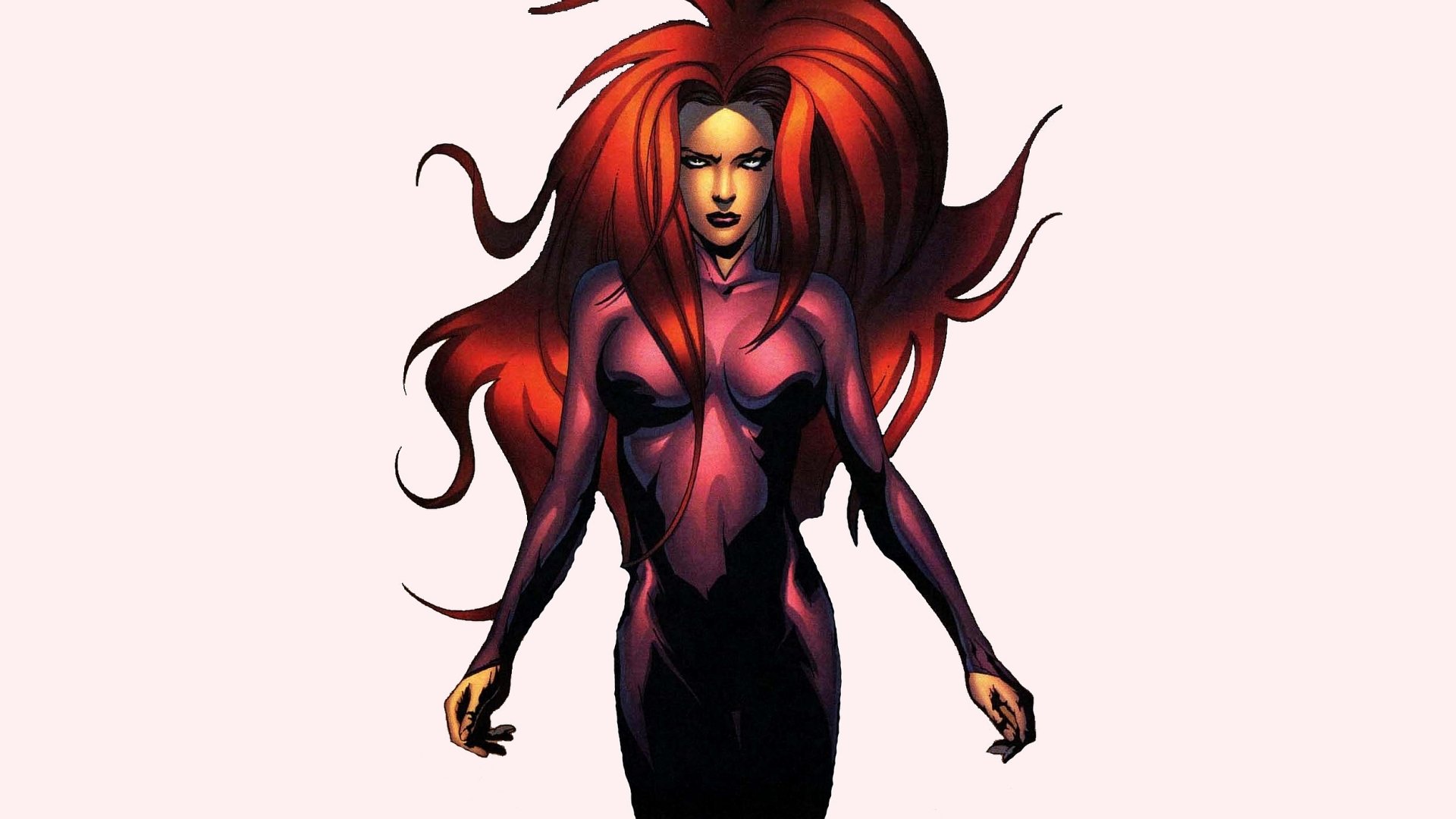 HD comic-style desktop wallpaper featuring Medusa with flowing red hair and a confident stance against a plain background.