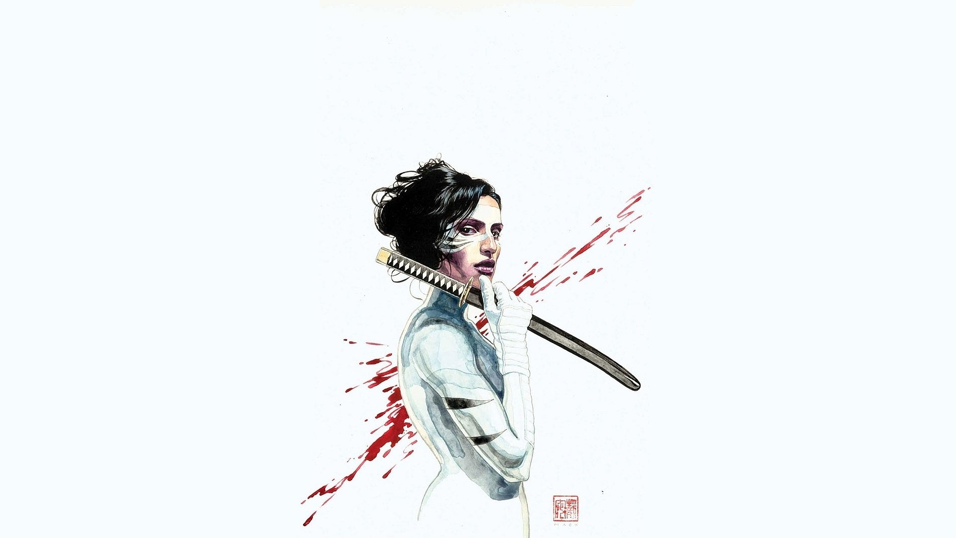 Stylized White Tiger (Marvel Comics) comic art: blood-specked female hero in white suit holding a katana on a clean white background — HD PC desktop wallpaper/background.