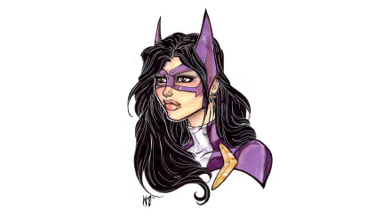 Comic-style illustration of a female hunter with long black hair, wearing a purple mask and armor, designed as an HD PC desktop wallpaper and background.