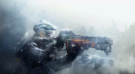 HD wallpaper featuring a sci-fi warrior with futuristic armor and a glowing weapon in a misty battlefield setting.