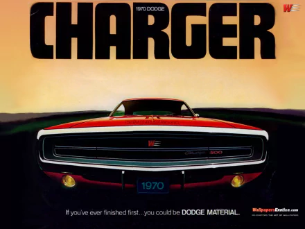 HD desktop wallpaper featuring a 1970 Dodge Charger with bold front grille and headlights against a sunset backdrop.
