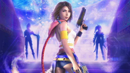 A vibrant HD wallpaper from Final Fantasy X-2 featuring a confident female character wielding a gun, set against a mystical background with shadowy figures.