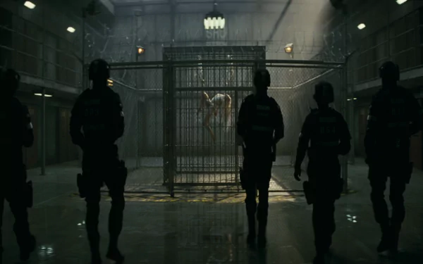 HD desktop wallpaper featuring a scene from the movie Suicide Squad. It depicts a cage in the center of a dimly lit facility, with four silhouetted guards approaching it.