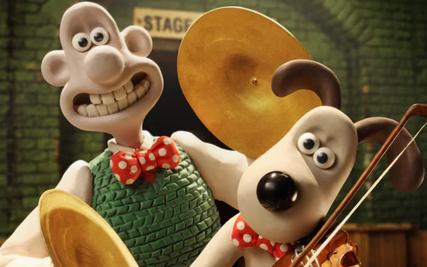 Wallace & Gromit from the TV show, posing with cymbals and violin in a green brick setting — HD PC desktop wallpaper and background.