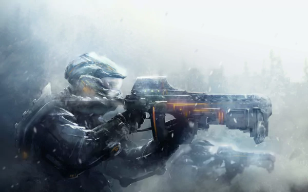 HD wallpaper featuring a sci-fi warrior with futuristic armor and a glowing weapon in a misty battlefield setting.
