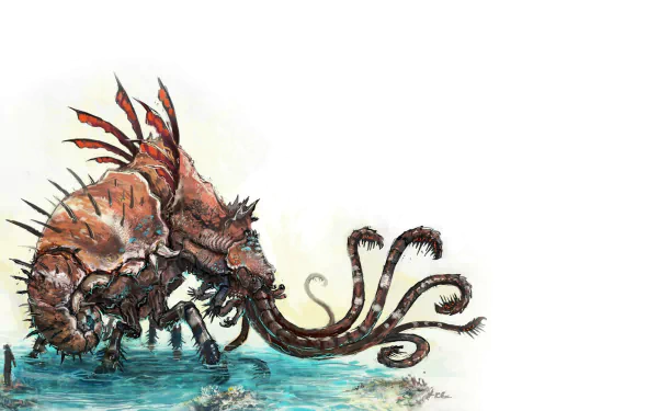 HD PC desktop wallpaper featuring a detailed creature from the video game Rift, showcasing its spiked, armored body and long, curling tentacles against a light background.