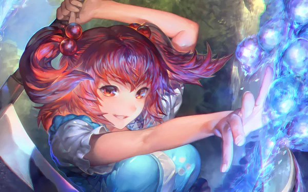 HD desktop wallpaper featuring Komachi Onozuka from Touhou, with vivid pink hair, animated in dynamic pose against a mystical blue backdrop.