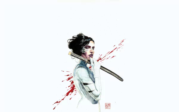 Stylized White Tiger (Marvel Comics) comic art: blood-specked female hero in white suit holding a katana on a clean white background — HD PC desktop wallpaper/background.