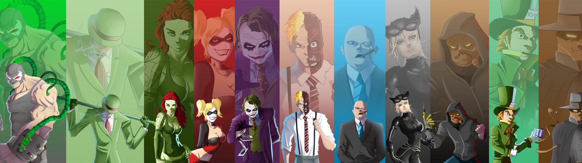 HD desktop wallpaper featuring iconic DC Comics characters: Poison Ivy, Harley Quinn, Joker, Two-Face, Riddler, Bane, and Catwoman in vibrant vertical panels, alongside Batman.