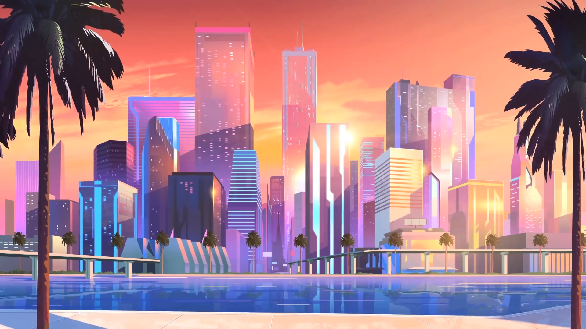 A vibrant sci-fi city skyline at sunset, showcasing colorful skyscrapers and palm trees reflected in a tranquil pool, creating a captivating HD desktop wallpaper.