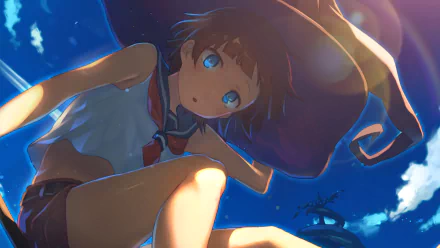 HD anime-style original desktop wallpaper featuring a girl with blue eyes wearing a large hat against a vibrant sky background.