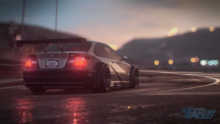 HD desktop wallpaper featuring a BMW M3 from the video game Need For Speed (2015), showcasing the car's rear view on a wet city street at dusk with blurred urban lights in the background.