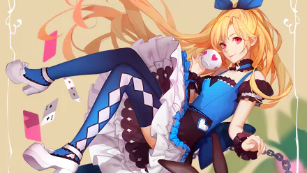 Anime-inspired Alice in Wonderland character with long blonde hair and playful attire, striking a whimsical pose amidst floating playing cards. HD wallpaper for desktop backgrounds.
