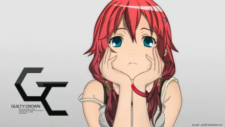 A striking HD desktop wallpaper featuring an anime character from Guilty Crown, displaying a contemplative expression with vibrant red hair and blue eyes against a minimalist background.