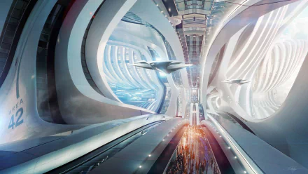 HD desktop wallpaper featuring a futuristic sci-fi spaceship navigating through a sleek, brightly lit interstellar station.