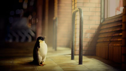 HD PC desktop wallpaper featuring a solitary penguin standing on a sunlit urban sidewalk against a backdrop of brick walls and metal railings.