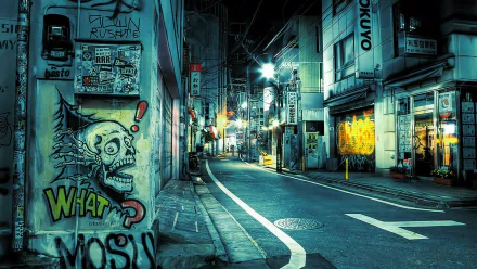 HD desktop wallpaper of a dimly lit street adorned with vibrant graffiti art and various man-made structures, featuring a striking skull mural on the left side.